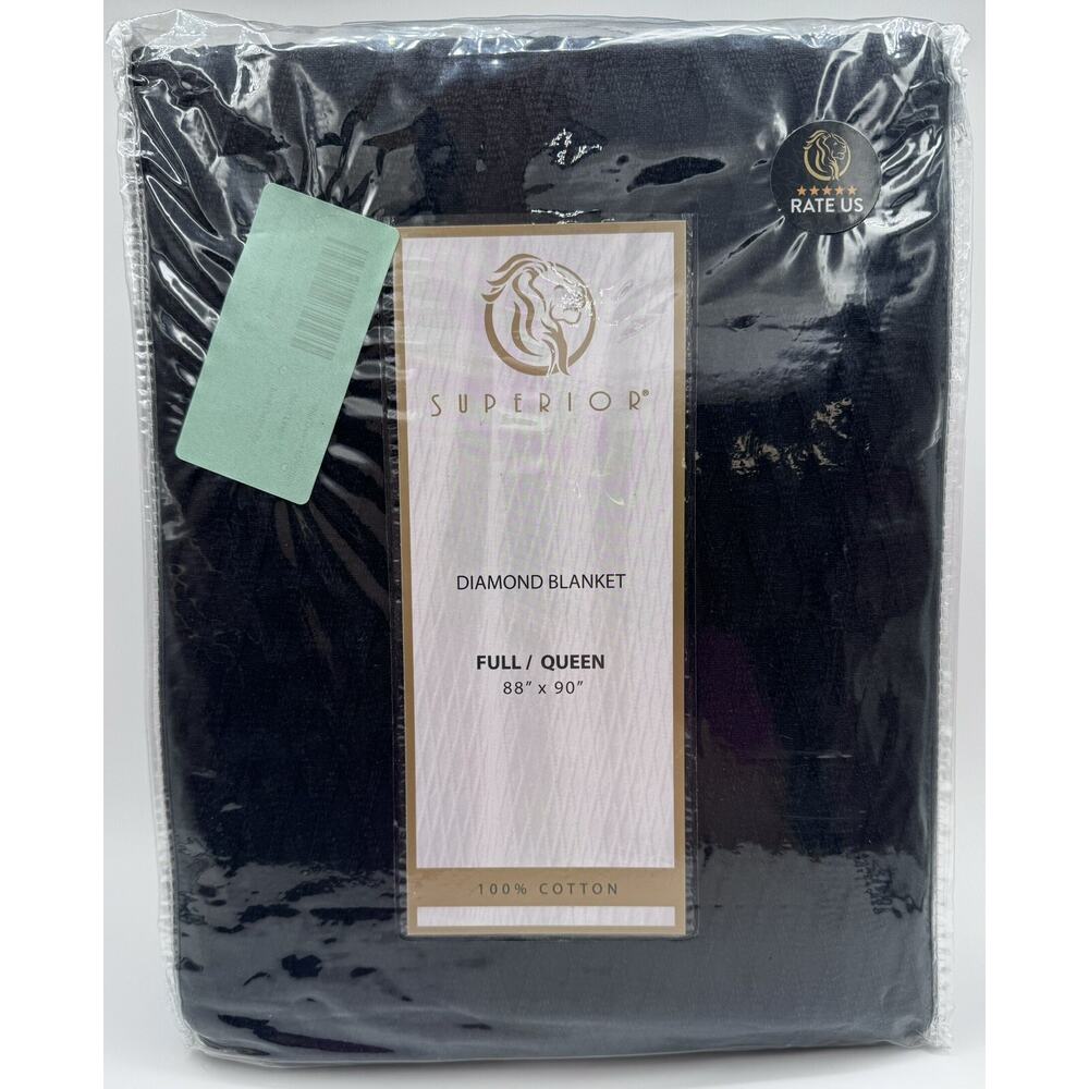 Superior Diamond Weave Full Queen Blanket Black 88" x 90" 100% Cotton Brand New